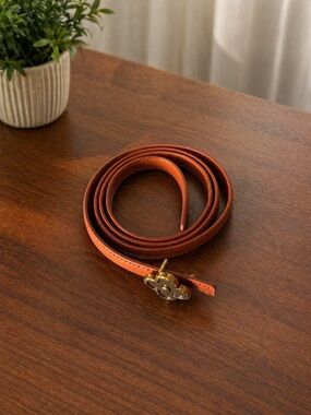 Tan Leather Thin Belt with Floral Gold Buckle
